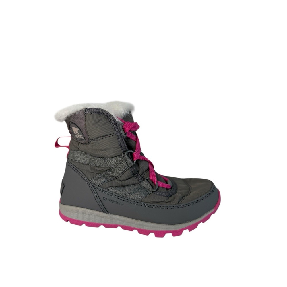Sorel Youth Girls Pink Grey Whitney Nylon Snow Boots Faux Fur Lined Sz 1Y No Box